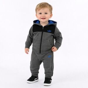 Puma Baby Boy 2-Piece Tracksuit Set Gray Black Blue Full Zip Hoodie Joggers 18M
